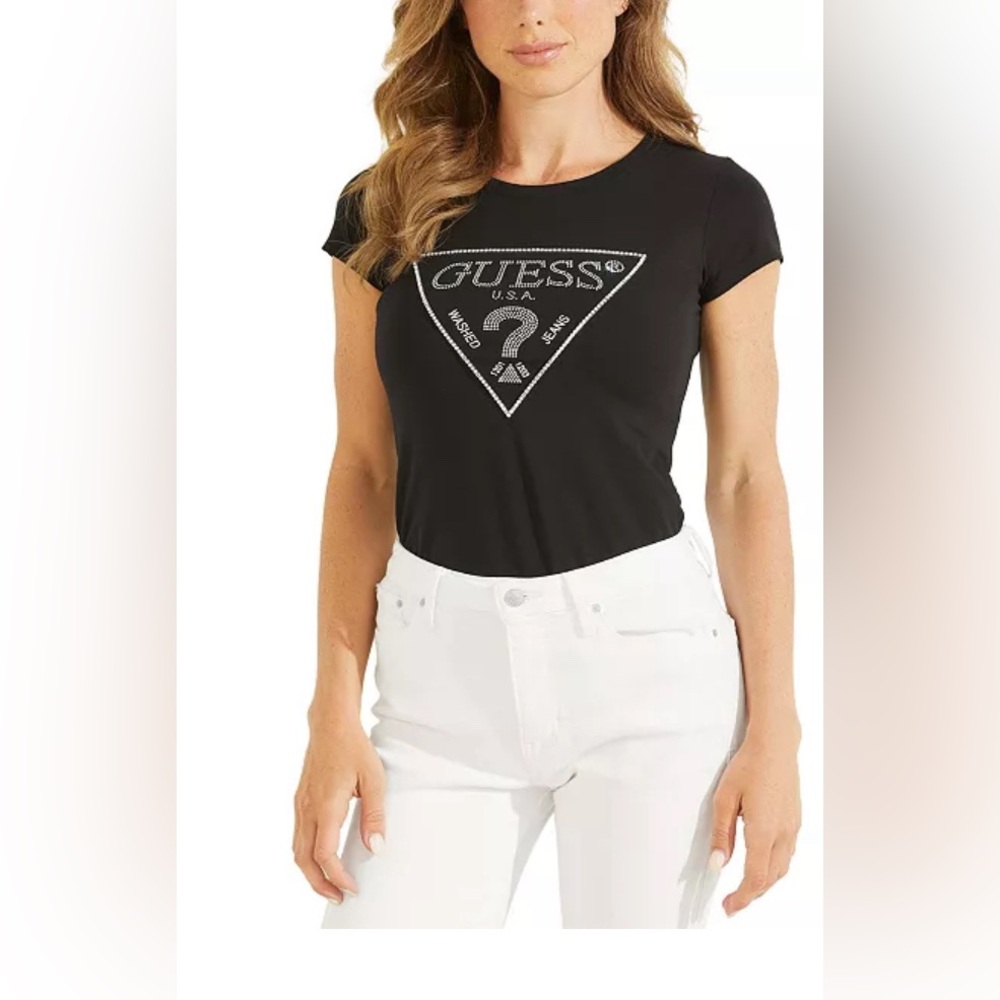 New GUESS Jeans Tee Shirt Short Sleeve Top Black Rhinestone Bling Triangle Logo